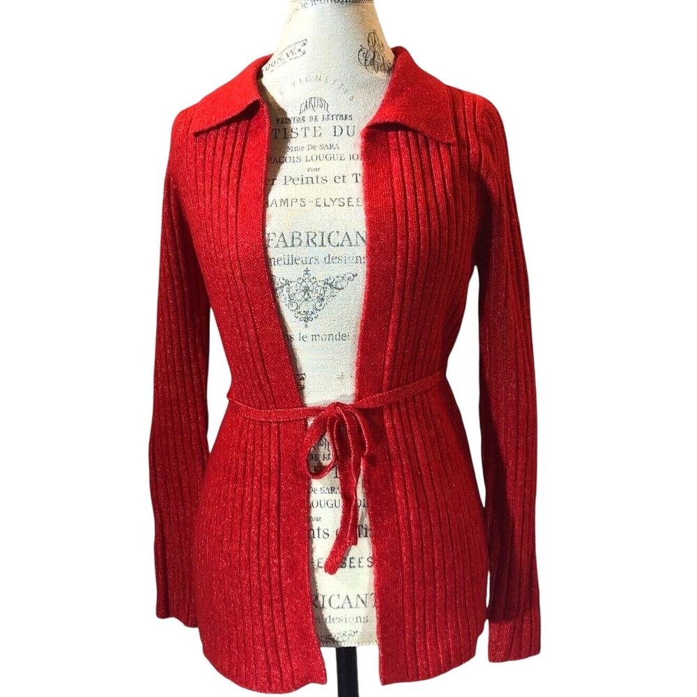 ASOS Design Cardigan Sweater Womens 8 Red Shimmer Open‎ Front Belted Ribbed Knit